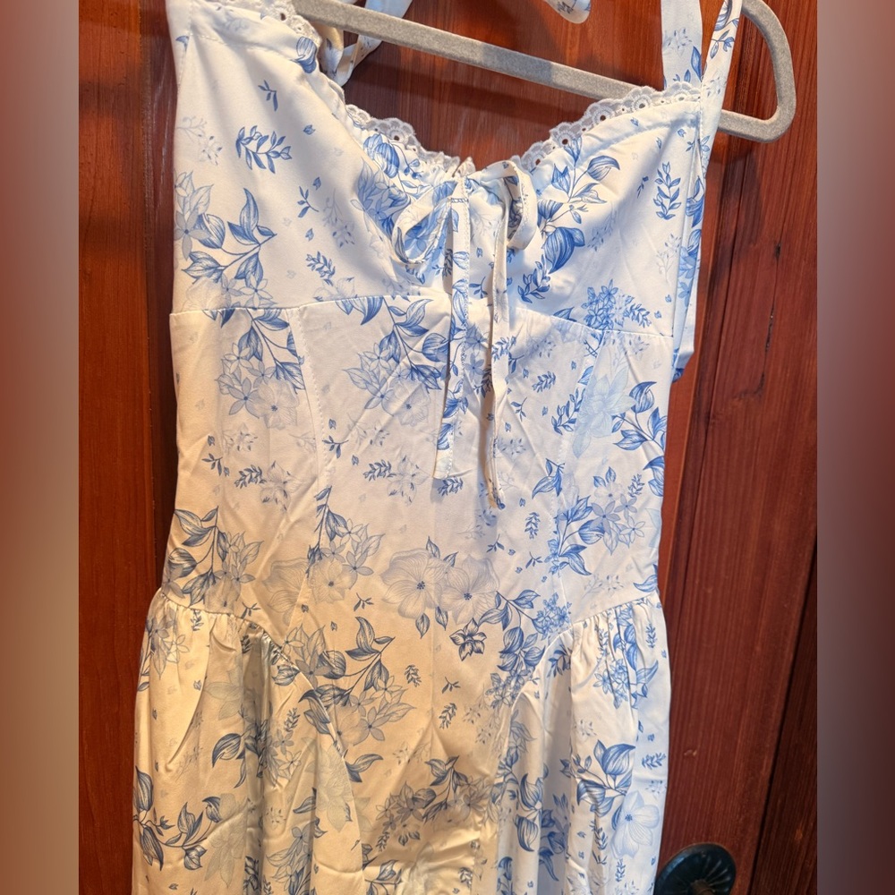 Floral Blue and White Halter Sundress - Picture 2 of 4